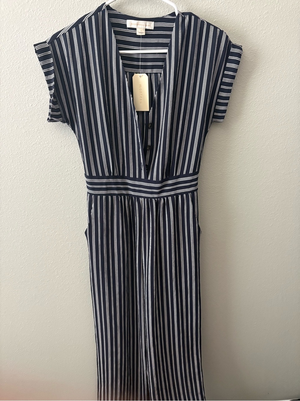 Monteau Navy and White Striped V-Neck Midi Dress